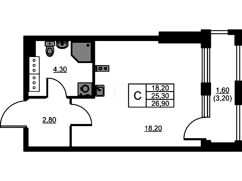 Квартира студия 26.9 м², 11/13 эт., ЖК «Тайм Сквер»